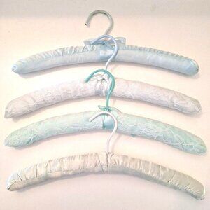 Blue & Green Padded Satin Lace Boudoir Lingerie Clothes Hangers 4 Lot